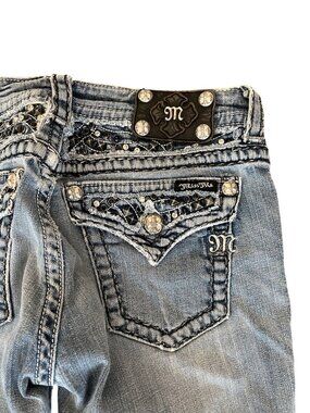 Miss Me Blue Jeans Women's Size 28 Bootcut Mid Rise Denim Embellished Pockets